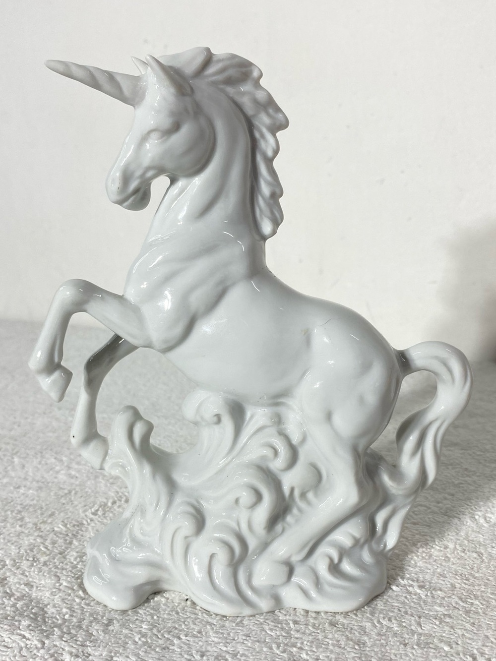 Vintage White Porcelain Rearing Unicorn Figurine Mythical Wave Statue Whimsical